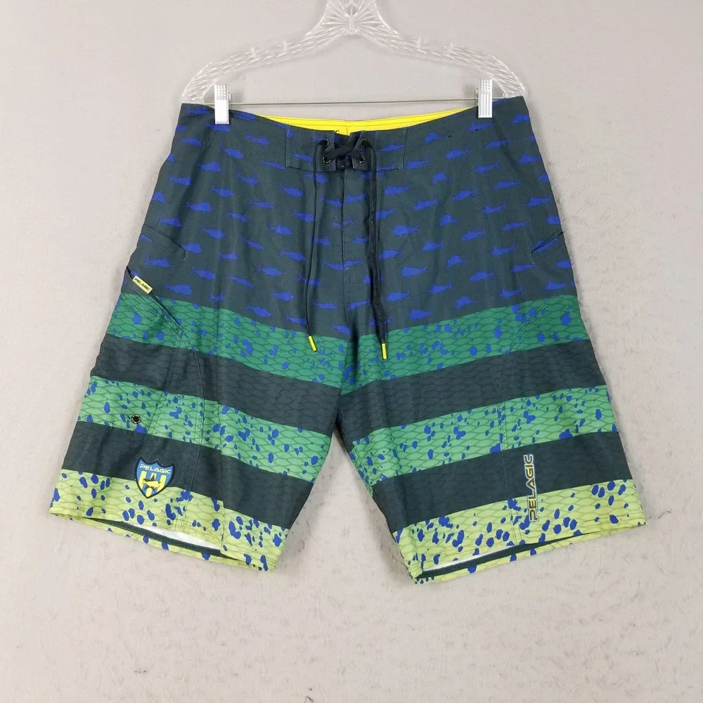 Pelagic Board Shorts Mens 34 Green Sharkskin Fishing Swim Trunks Fish Print